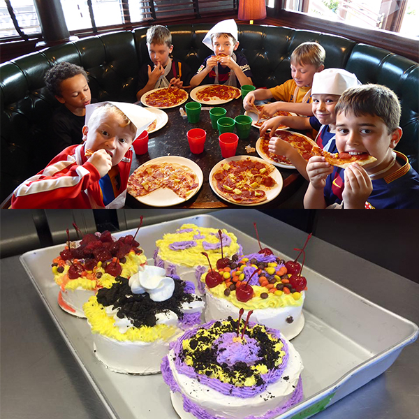 Children celebrating with pizza and handmade ice cream cakes
