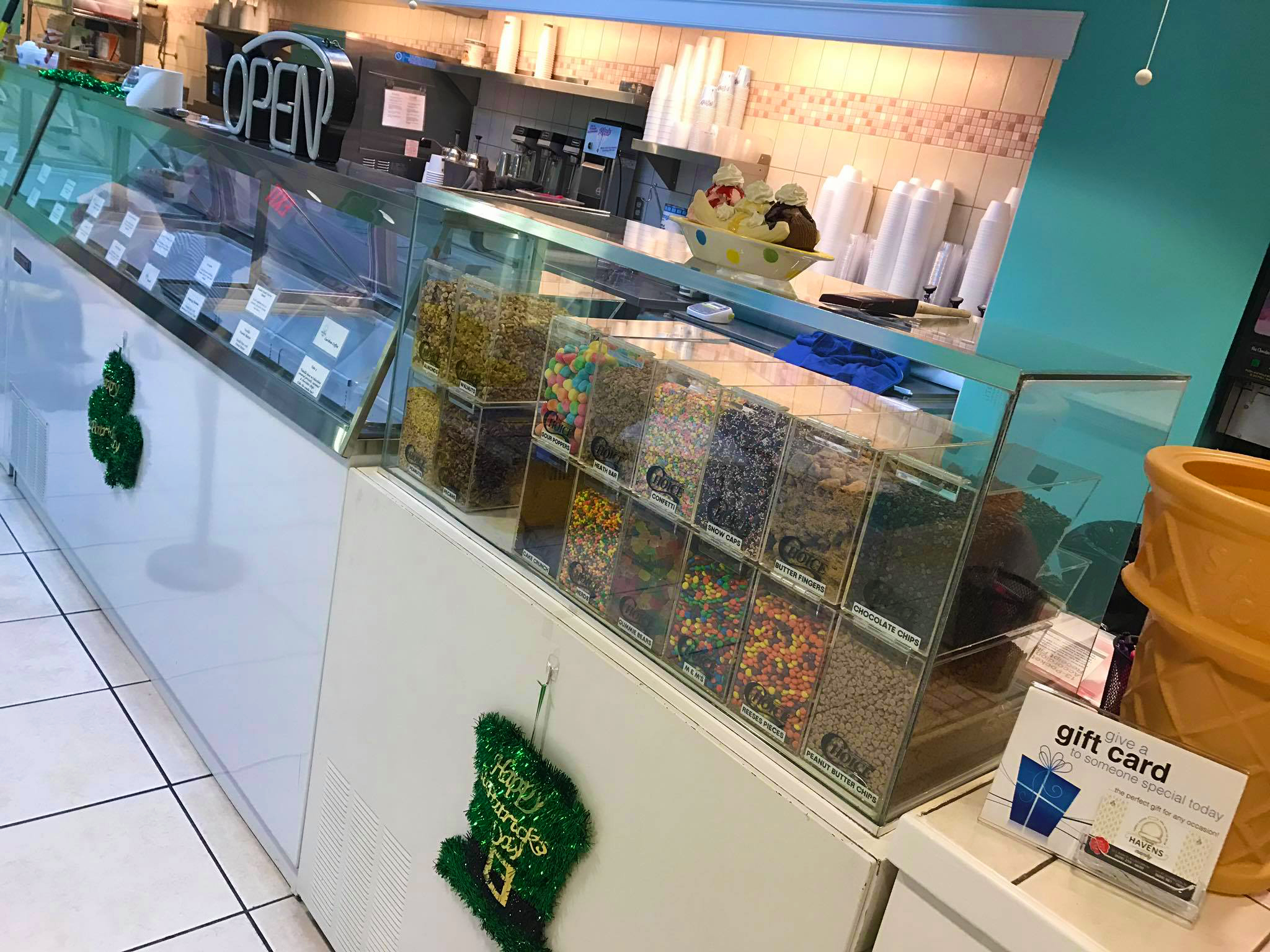 The Heavenly Havens ice cream counter decorated for St. Patrick’s Day
